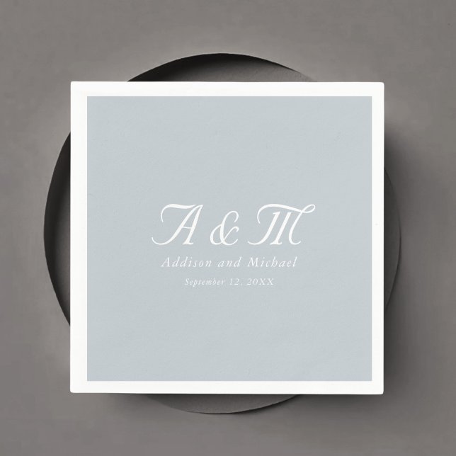 Servilleta De Papel Monograma, Mínimo, Elegante, Azul Polvo, Boda (Monogram, Minimal, Elegant, Powder Blue, Wedding Napkins with your names and date.)