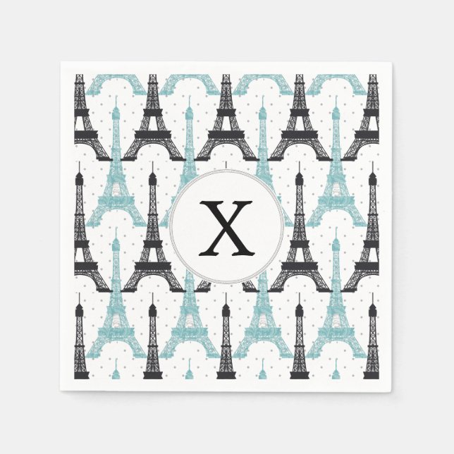 Servilleta De Papel Monograma Moda Aqua Patrón Torre Eiffel (Anverso)
