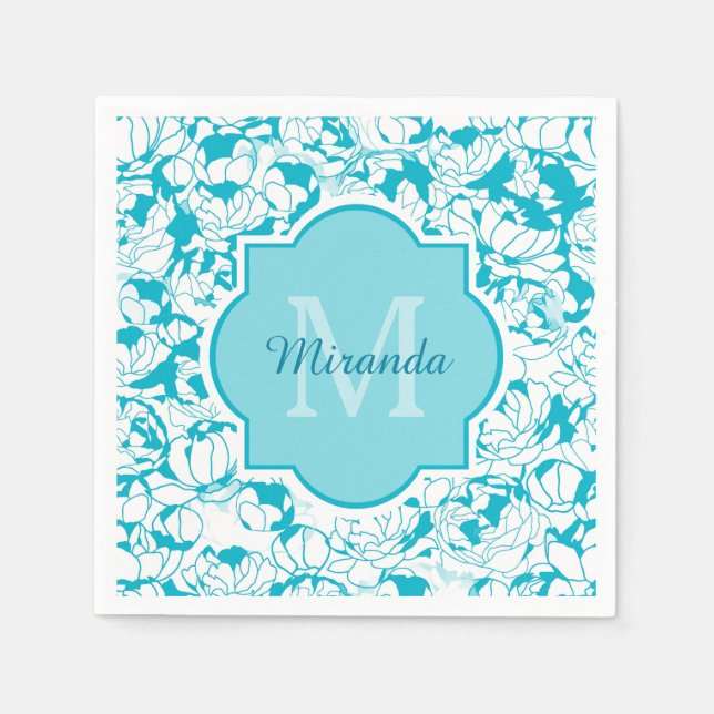 Servilleta De Papel Monograma moderno con flor turquesa con nombre (Anverso)