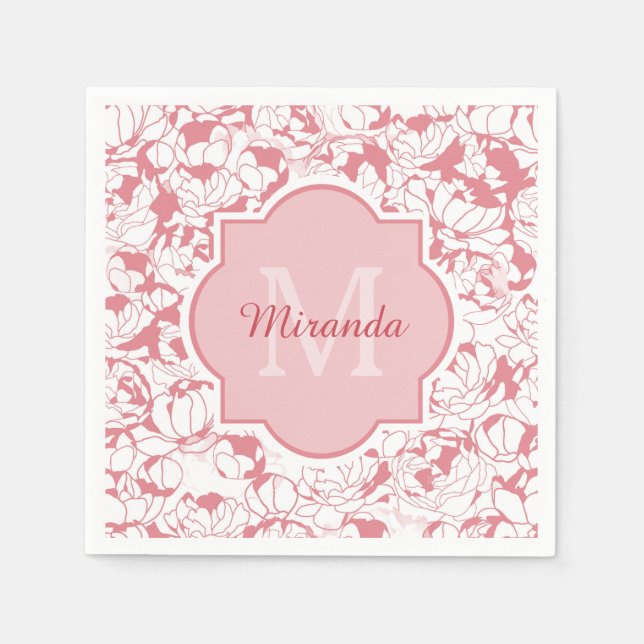 Servilleta De Papel Monograma moderno de girasol floral rosa claro con (Anverso)