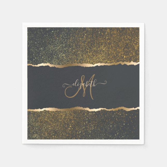 Servilleta De Papel Monograma moderno elegante con toque dorado (Anverso)