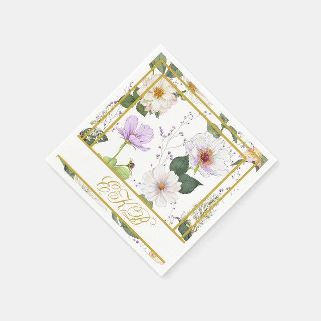 Servilleta De Papel Monograma moderno elegante floral blanco dorado (Borde)