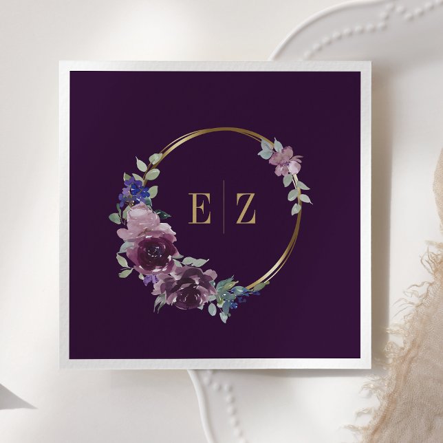 Servilleta De Papel Monograma morado Floral Boho Boda del marco dorado (Subido por el creador)