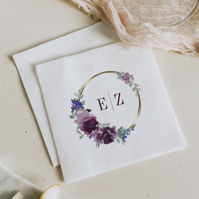 Servilleta De Papel Monograma Morado Floral Boho Boda del marco dorado (Subido por el creador)