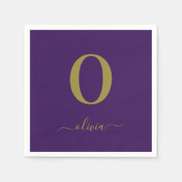Servilleta De Papel Monograma Nombre Guión Personalizado Púrpura Y Oro