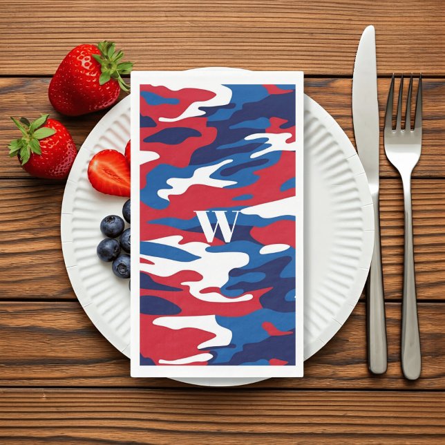 Servilleta De Papel Monograma patriótico azul rojo (Here's some camo paper guest towels just for you in the colors of red, white and blue.)
