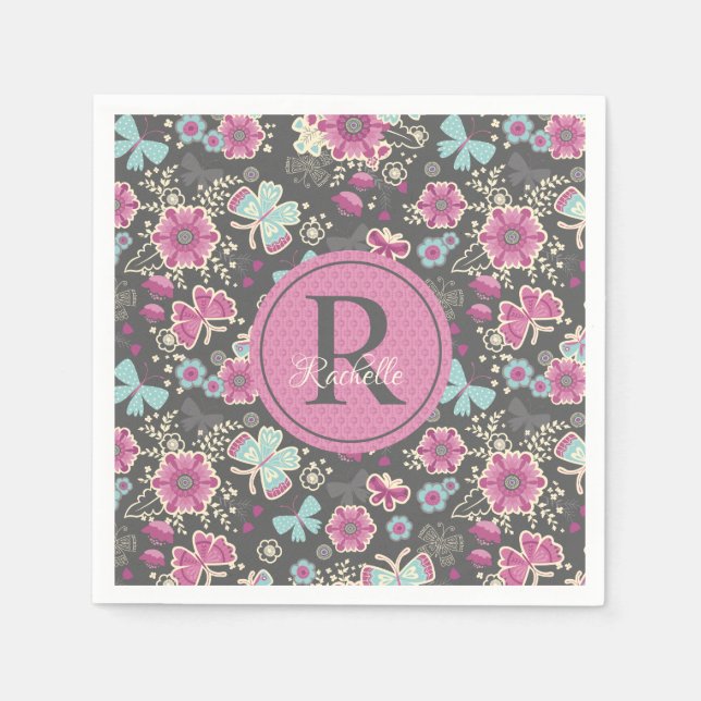 Servilleta De Papel Monograma Patrón de cumpleaños floral rosa (Anverso)