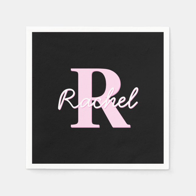 Servilleta De Papel Monograma personalizable lindo | Rosa claro y negr (Anverso)