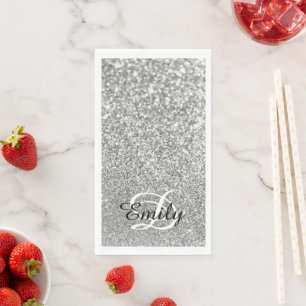 Servilleta De Papel Monograma Personalizado Brillo Plateado Bokeh