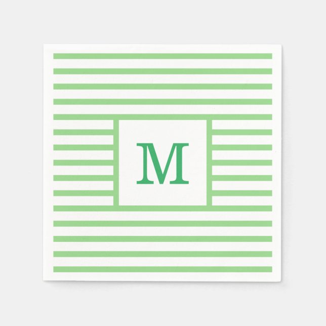 Servilleta De Papel Monograma Personalizado de franjas verdes y blanca (Anverso)