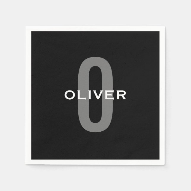Servilleta De Papel Monograma Personalizado Negro Gris Blanco Nombre (Anverso)