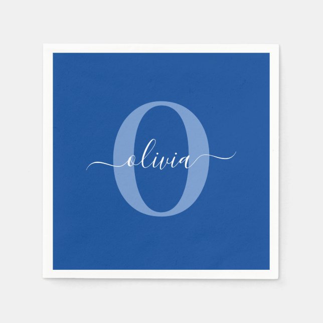 Servilleta De Papel Monograma personalizado Nombre de guión Azul Blanc (Anverso)