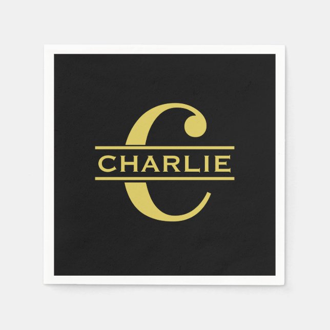 Servilleta De Papel Monograma Personalizado Y Nombre Negro Y Oro (Anverso)