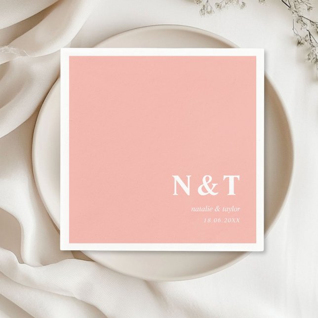 Servilleta De Papel Monograma rosa negro (Monogram, modern, simple, elegant napkins, blush-pink with your names and date.)