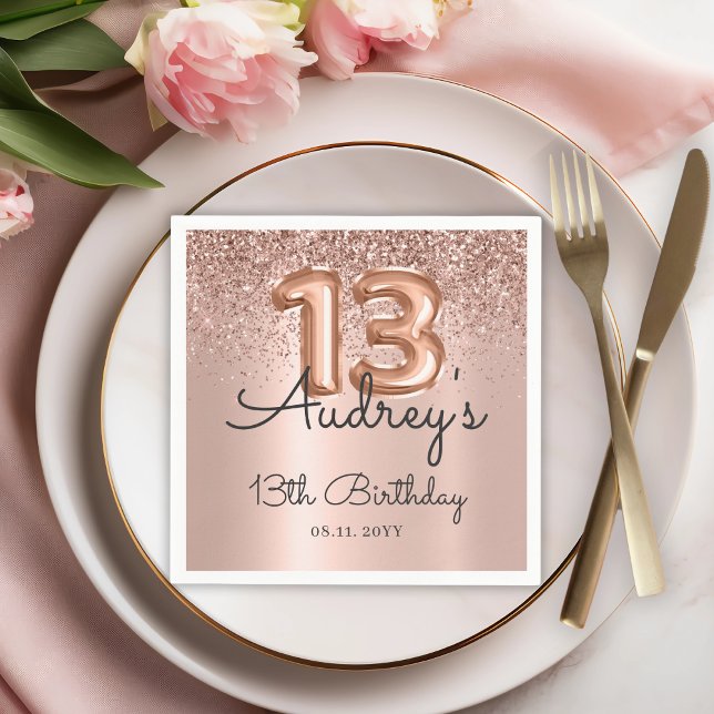 Servilleta De Papel Monograma Rosa Purpurina de oro 13.º cumpleaños (Subido por el creador)