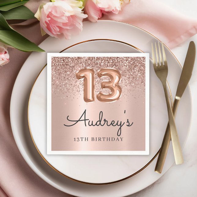 Servilleta De Papel Monograma Rosa Purpurina de oro 13.º cumpleaños (Subido por el creador)
