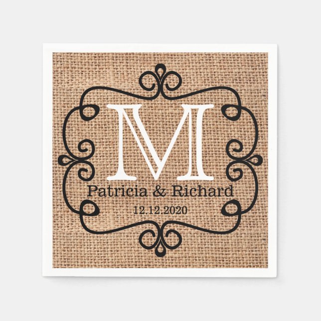 Servilleta De Papel Monograma simple de Boda Burlap Bride Groom (Anverso)