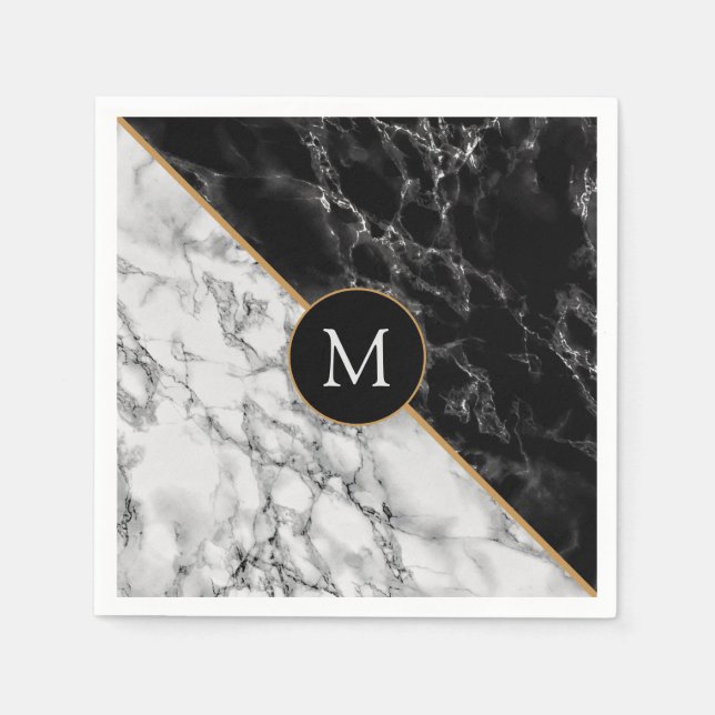 Servilleta De Papel Monograma Tu Letra Napkins Mármol Blanco Negro (Anverso)
