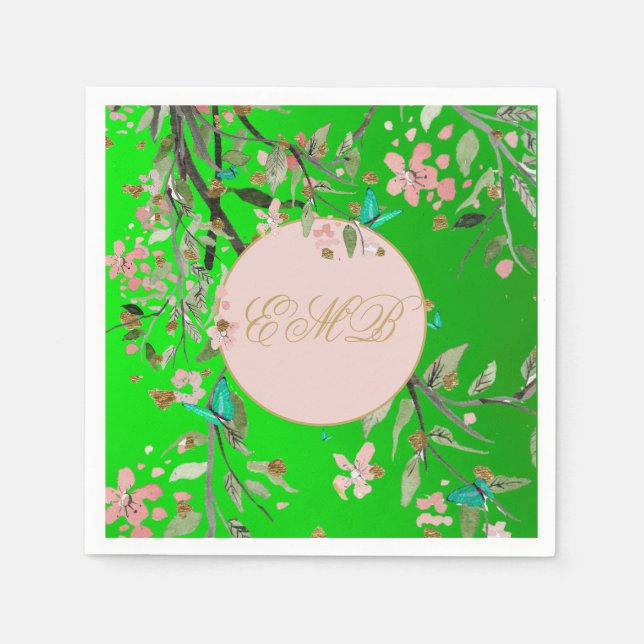 Servilleta De Papel Monograma Verde Floral Elegante Oro Rosa Cumpleaño (Anverso)