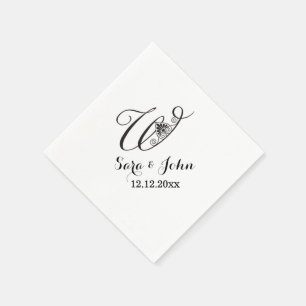 Servilleta De Papel Monograma W inicial blanco negro clásico Boda