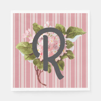 Servilleta De Papel Monograma y flores sobre rayas rosadas