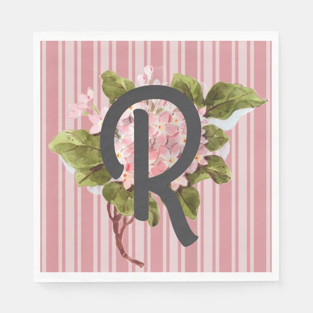 Servilleta De Papel Monograma y flores sobre rayas rosadas (Anverso)