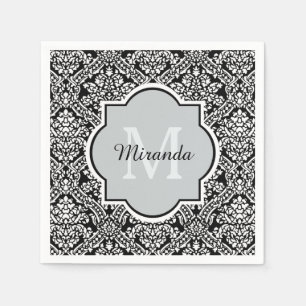 Servilleta De Papel Monograma y nombre del patrón de damasco blanco y 