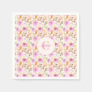 Servilleta De Papel Monograma y nombre floral en acuarela rosa de vera