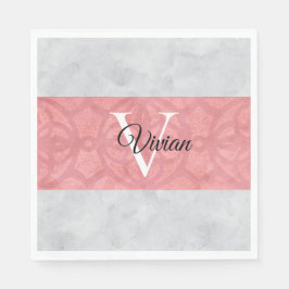 Servilleta De Papel Monogramación De Batik Rosa Ruddy Y Acuarela Gris