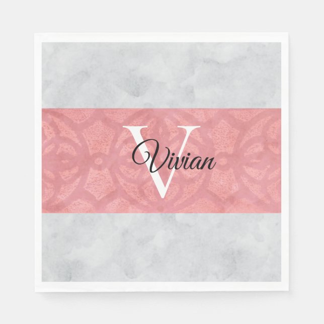 Servilleta De Papel Monogramación De Batik Rosa Ruddy Y Acuarela Gris (Anverso)