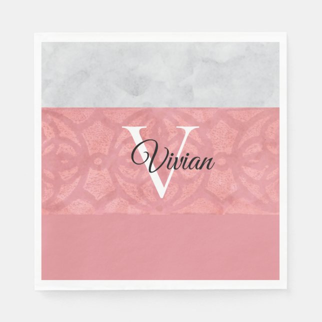 Servilleta De Papel Monogramación De Batik Rosa Ruddy Y Acuarela Gris (Anverso)