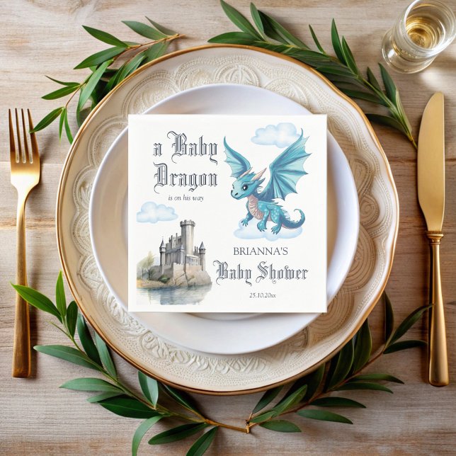 Servilleta De Papel Monogramación de la ducha de bebé de dragón lindo  (Medieval cute blue baby dragon baby shower monogrammed napkins personalized printed napkins)