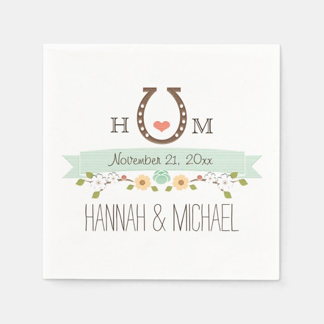 Servilleta De Papel Monogramada Mint Green Horseshoe Heart Boda (Anverso)