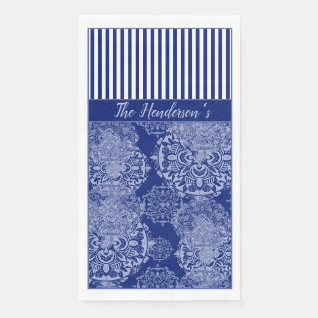 Servilleta De Papel Monogramado Boho Moody Blues Mandalas y Stripes (Anverso)