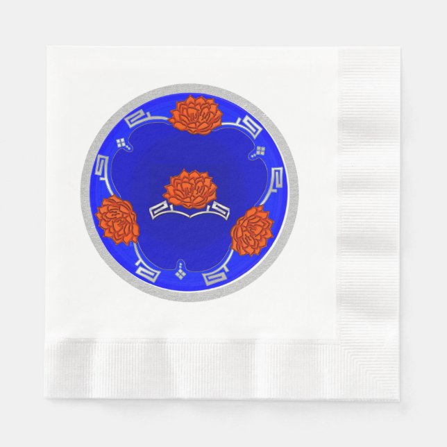 Servilleta De Papel Monogramado Lotus Blossom - Azul, Rojo, Plata (Anverso)
