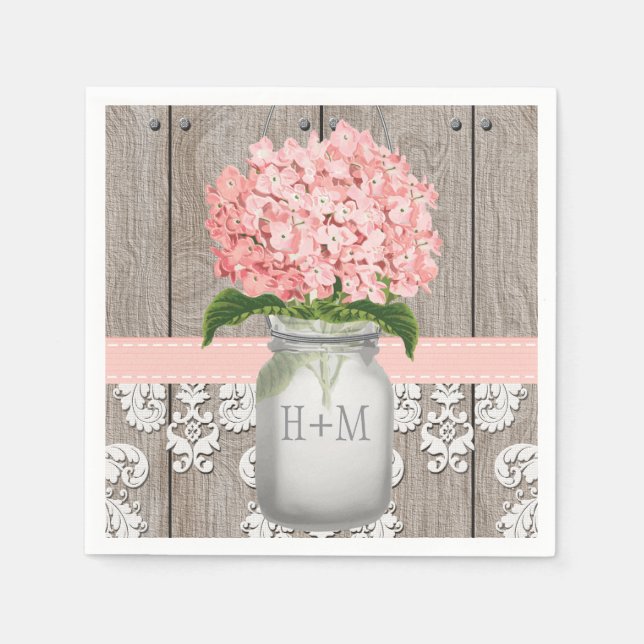 Servilleta De Papel Monogramado rosa Rubor Hydrangea Mason Jar (Anverso)