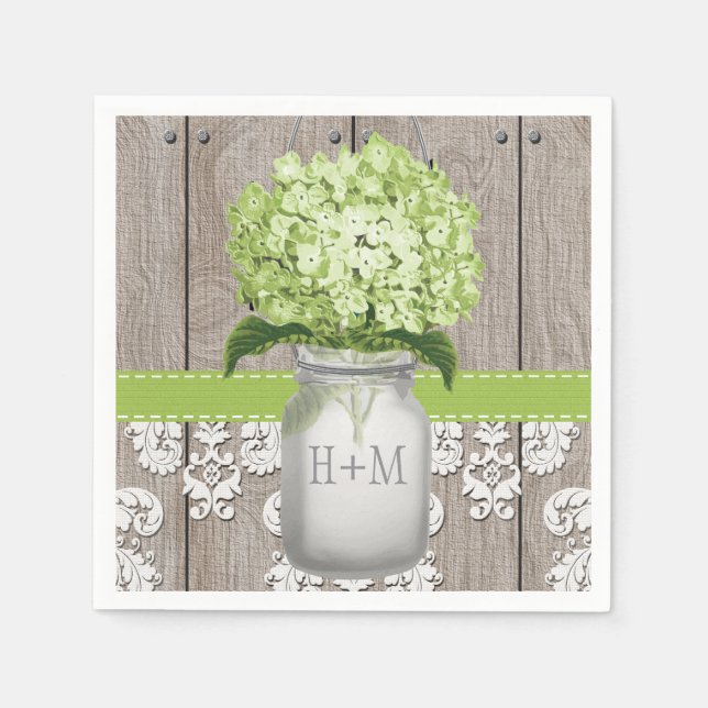 Servilleta De Papel Monogramado verde Hydrangea Mason Jar (Anverso)