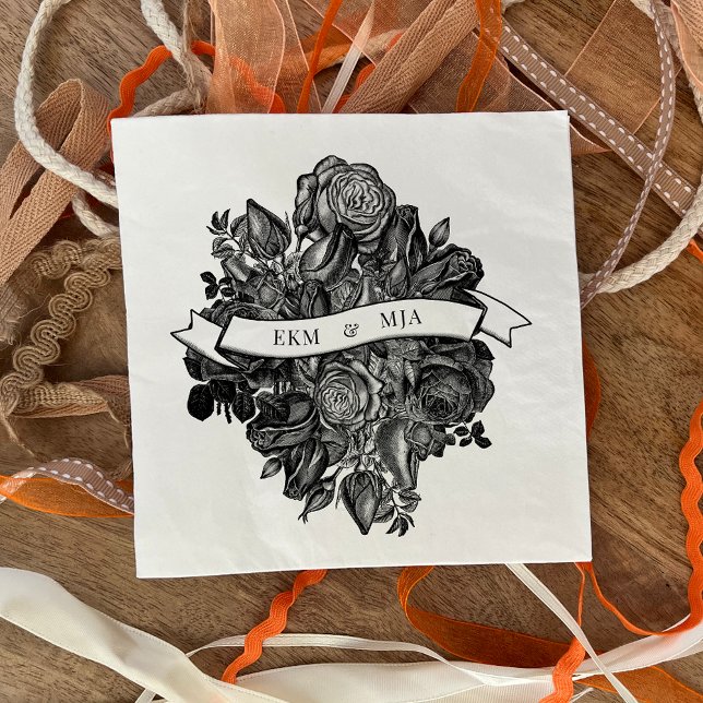 Servilleta De Papel Monogramas Rosas blancos negros Boda de Bouquet (Subido por el creador)