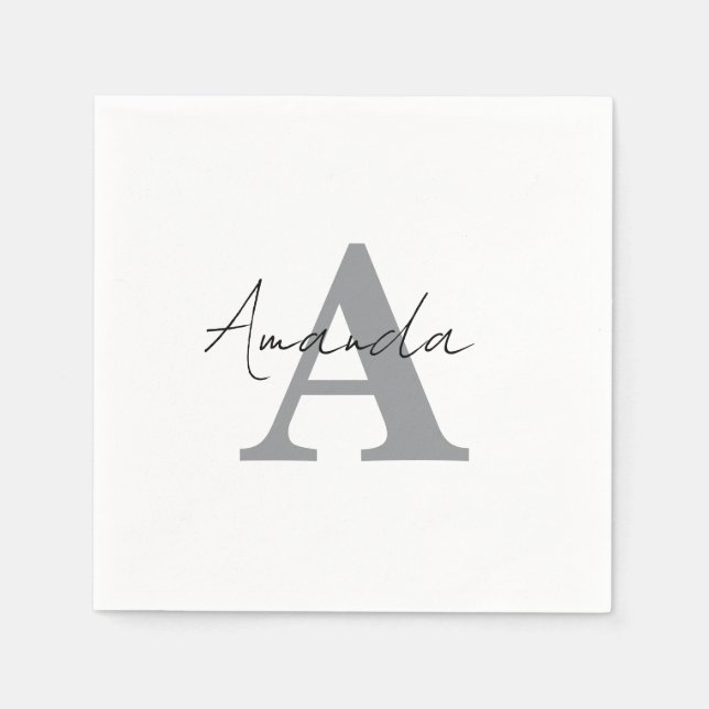 Servilleta De Papel Monogramas Sencillo Elegante Blanco Negro Gris Mín (Anverso)