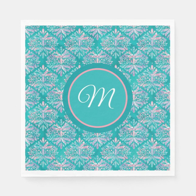 Servilleta De Papel Monogramed Teal Pattern Napkins (Anverso)