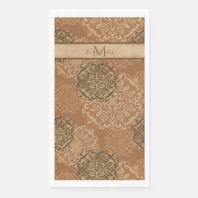 Servilleta De Papel Monogrammed Boho Dark Rust Mandalas (Anverso)