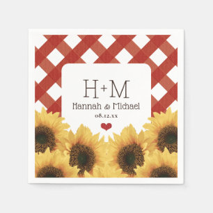 Servilleta De Papel Monogrammed Sunflower y Red Gingham Boda