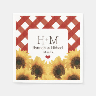 Servilleta De Papel Monogrammed Sunflower y Red Gingham Boda