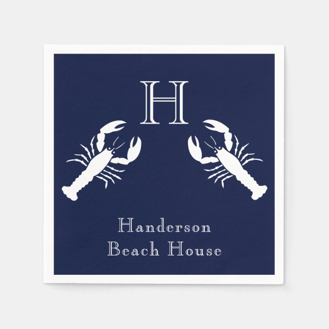 Servilleta De Papel Monogramo Naval Azul Lobster Blanco Náutico (Anverso)