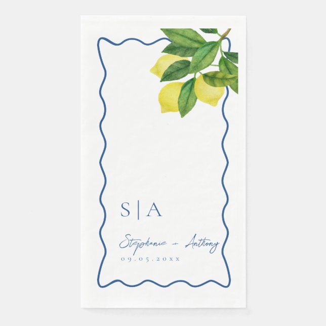 Servilleta De Papel Monogramos de cítricos limón, Boda de borde de ond (Anverso)