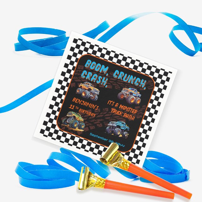 Servilleta De Papel Monster Truck Bash Boy Fiesta de Cumpleaños 11 ("Boom, Crunch, Crash" Boy's Monster Truck-Themed 11th Birthday Party Napkins)