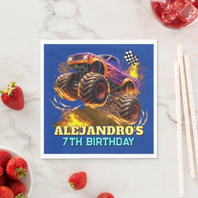 Servilleta De Papel Monster Truck Birthday Fire Flames (In situ)