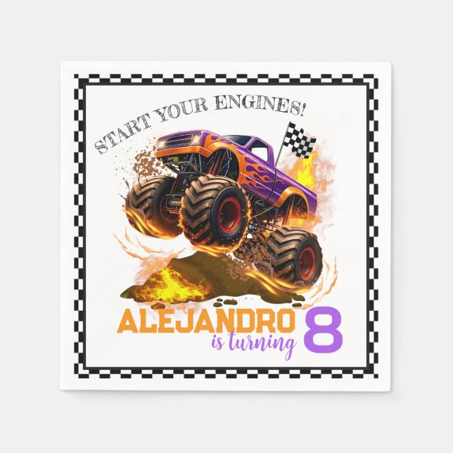 Servilleta De Papel Monster Truck Birthday Fire Flames  (Anverso)