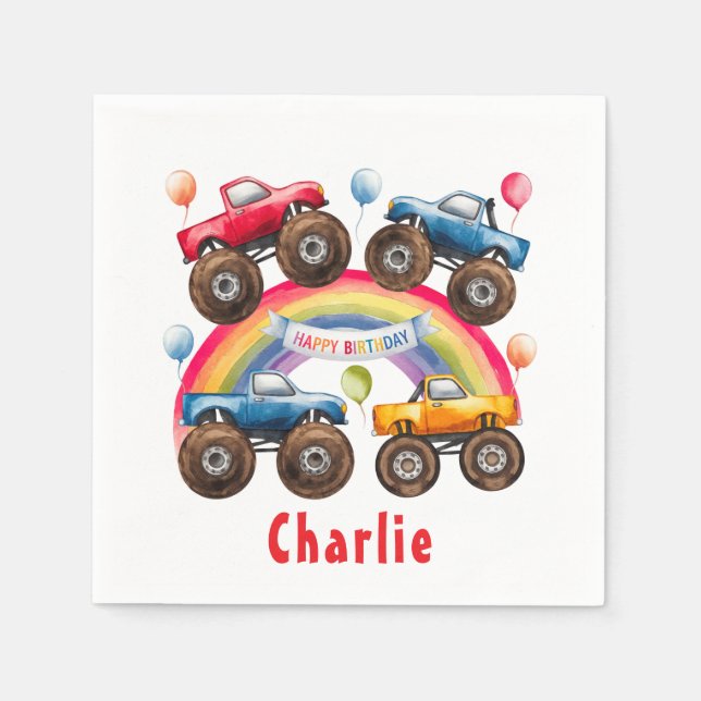 Servilleta De Papel Monster Truck Rainbow Boy Birday Bash (Anverso)