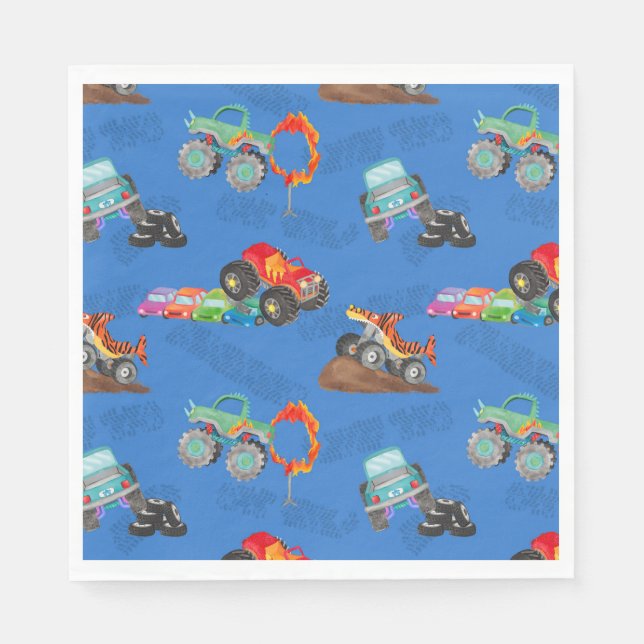 Servilleta De Papel Monster Truck Stunts Watercolor Pattern Blue (Anverso)